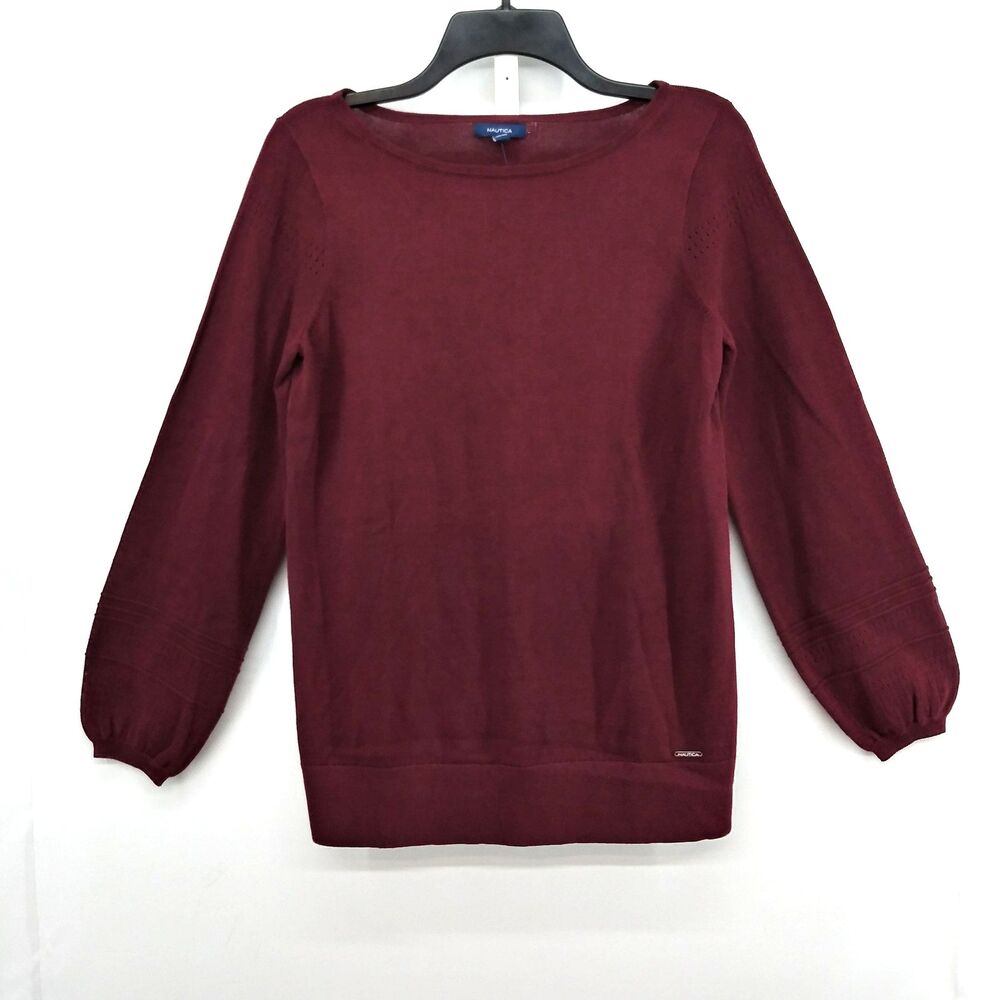 Nautica Sweater Women Small Red Crewneck Long Sleeve Knit Casual Lightweight Top